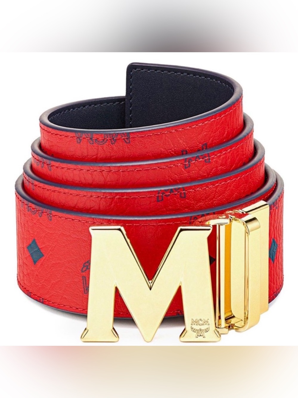 MCM Claus M Reversible Leather/Visetos Belt 1.75”, Candy Red/ Gold, One Size,NWT